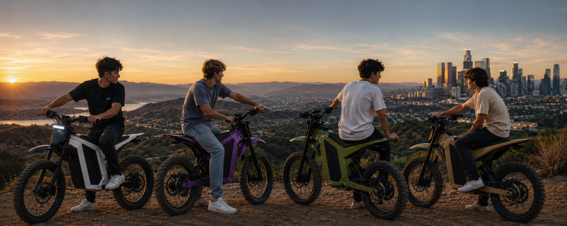 Four riders on Sicario bikes overlooking the city at sunset
