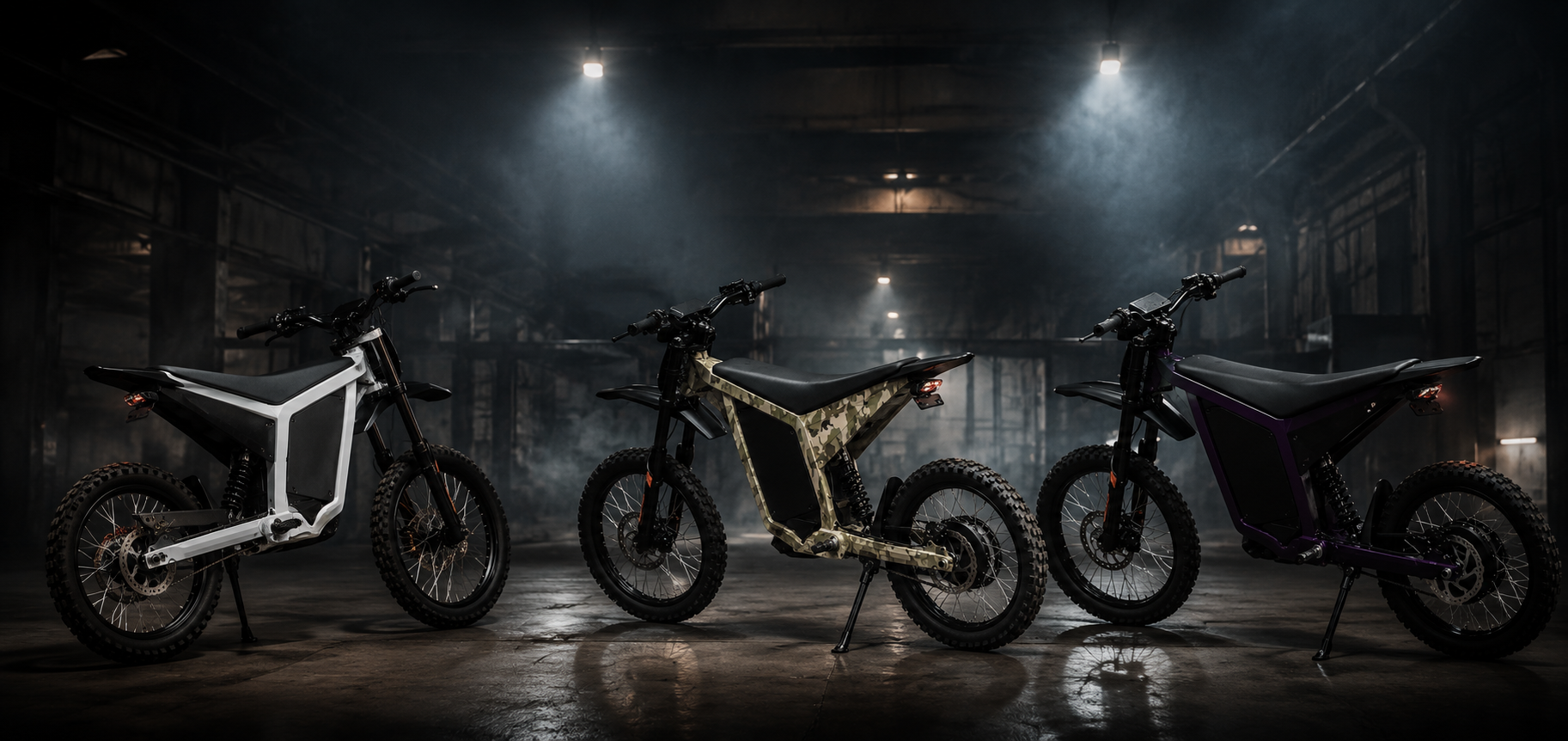 Three Sicario electric bikes lined up in a warehouse