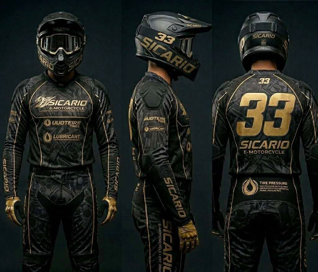 SICARIO Racing 2026 motocross jersey in Black and Gold with matching helmet and pants