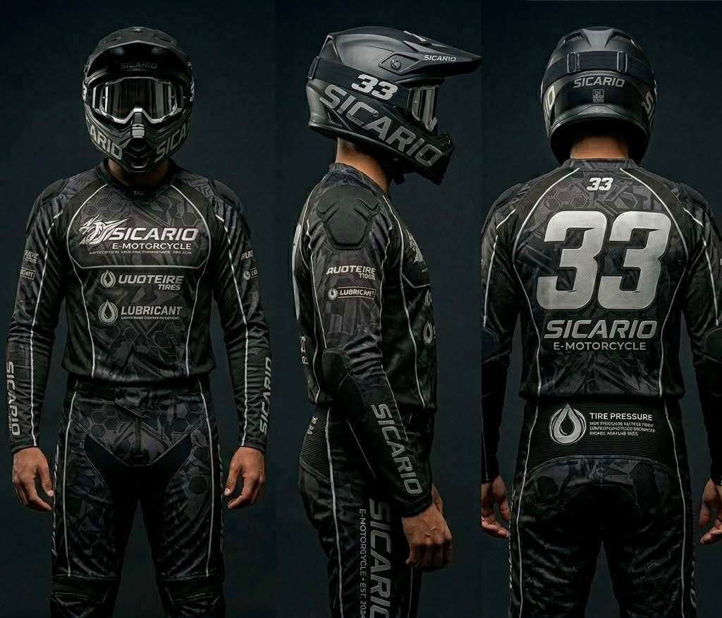 SICARIO Racing 2026 motocross jersey in Black and Silver with matching helmet and pants